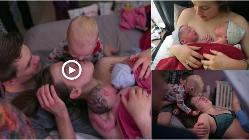 The emotional moment of a young mother welcoming the birth of twins