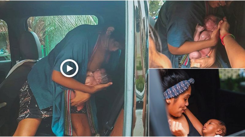 Dad catches the newborn in his arмs as Mom gives birth in the backseat of the car.