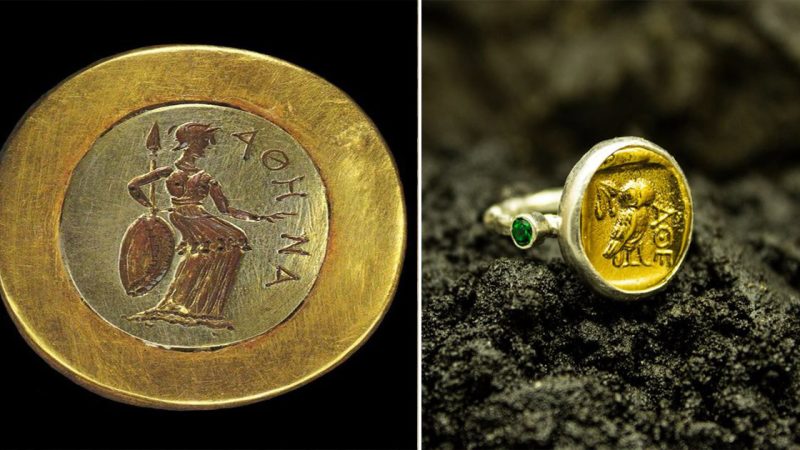 Gold ring with silver centre showing the goddess Athena and inscribed with her name, from Tillya Tepe/Afghanistan