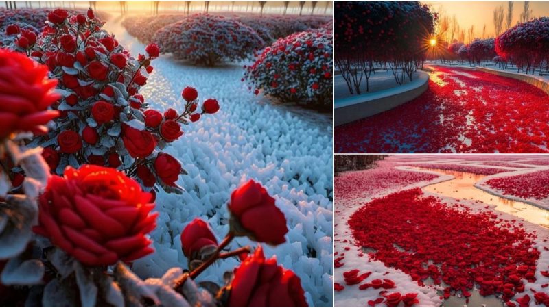 Exploring a Sparkling Rose Garden Beneath the Snowy Sky