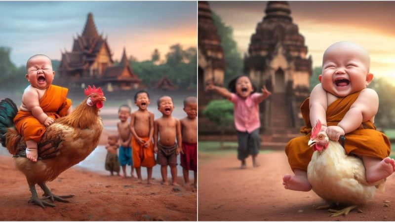 Captivating Vitality: Young Monks Spark Excitement with Delightful Rooster-Riding Snapshot