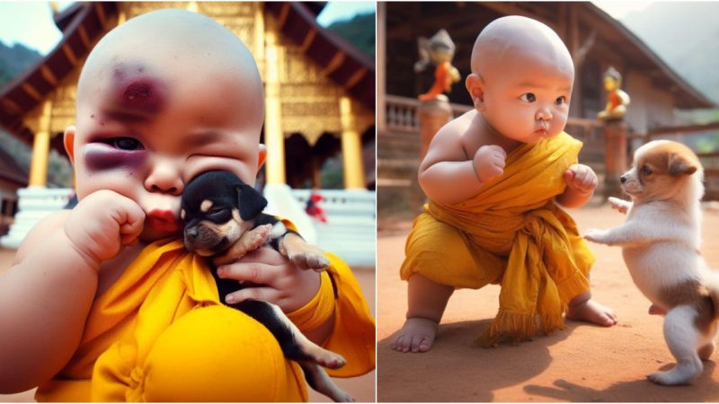 Delightful Duo: Baby and Cute Puppy Unleash Cuteness in Martial Arts Training