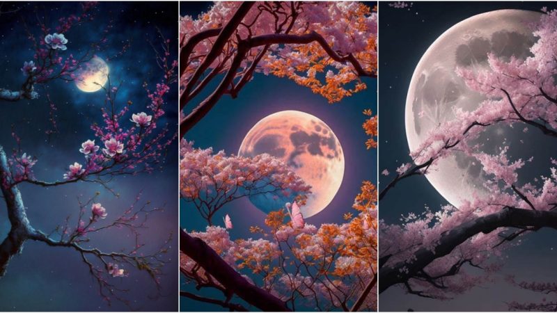 Dancing Harmony: Nature’s Allure Embracing the Moon in an Ethereal Symphony with Majestic Trees