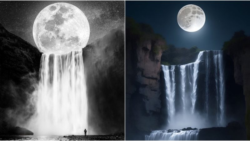 A Timeless Ballet between Moonlight and Cascading Waters
