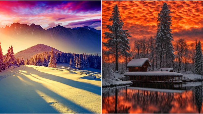 A Mesmerizing Moment: Fiery Skies against a Blanket of Snow