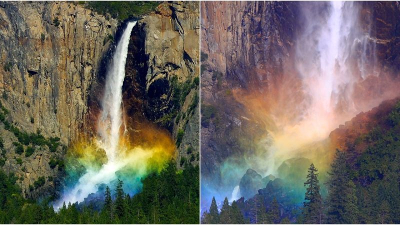 Enchanting Kaleidoscope: Vibrant Rainbow Cascades Below Waterfall, Creating a Breathtaking Fusion of Colors Hovering Above the Earth
